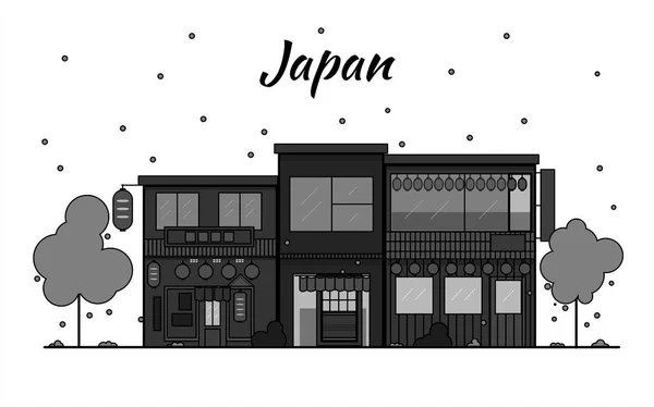 日本の概要の地平線。旧市街、古い通りを買い物。日本の都市景観、日本の旅行都市ベクトルバナー。都市のシルエット。桜の花びらが咲き、落ちる葉の花びら。レッドライト地区. — ストックベクタ