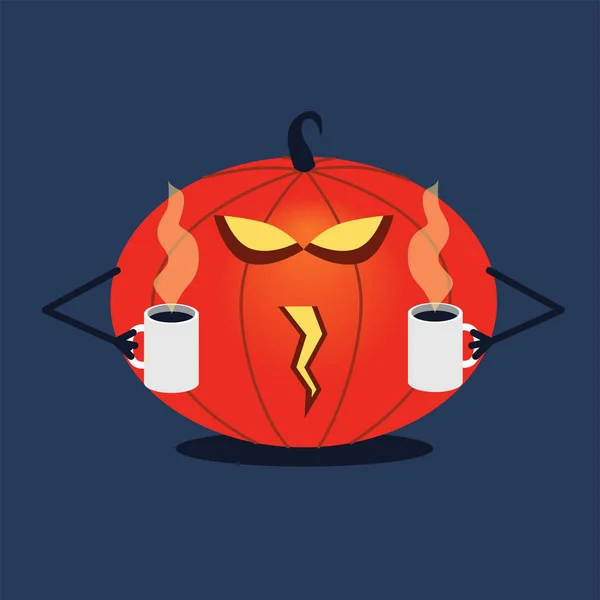 Vector Halloween pompoen. Pompoen verkwikkende, koffie drinken, kantoor. Halloween cartoon sticker. Platte feestelijke illustratie. — Stockvector