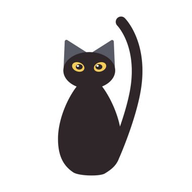 Sarı gözlü siyah bir kedi düz görünüyor. Cadılar Bayramı için sevimli kedi. Çizgi film tarzında kedi