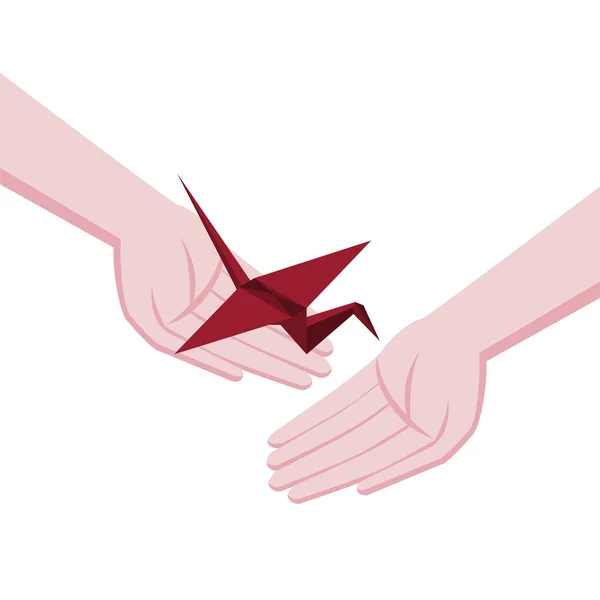 Origami isométrico guindaste vermelho. Um presente com esperança. Símbolo de esperança e cura. Ajudar as mãos e apoio . — Vetor de Stock