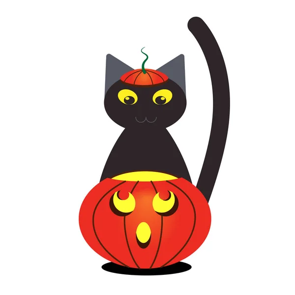 Pompoen en zwarte kat met een hoed voor Halloween. Feestelijke cartoon kat met gele ogen. Geschikt voor ansichtkaarten, banners, advertenties, stickers, avatars en Highlights. — Stockvector