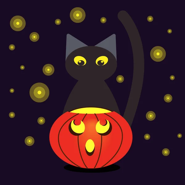 Dýně a černá kočka v noci se světluškami. Ilustrace pro Halloween. Kreslený styl — Stockový vektor