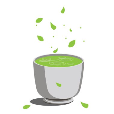 Bir fincan yeşil Asya matcha çay. Yaprakları ve yaprakları maç. Yeşil sağlıklı fitness çayı.
