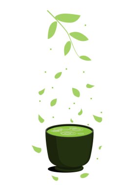 Bir fincan yeşil Asya matcha çay. Yaprakları ve yaprakları maç. Yeşil sağlıklı fitness çayı. Beyaz arka planda
