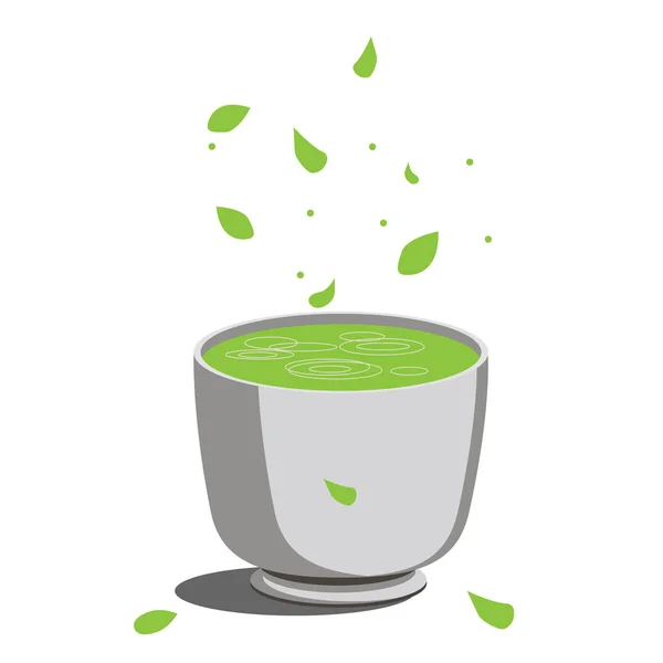 Green Asian matcha tea in a cup. Petals and leaves match. Green healthy fitness tea. — Stock Vector