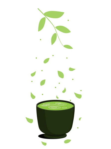 Zöld ázsiai Matcha tea egy pohár. Szirmok és a levelek meccs. Zöld egészséges fitness tea. Fehér alapon — Stock Vector