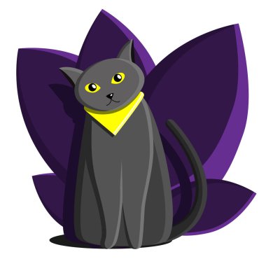 Kedi İngiliz gri mavisi. Sarı gözlü ve sarı bir bandajla. Kedi gezgini. Düz karikatür illüstrasyon. Bitki ve yapraklı kedi. Kedi, gösteri, ıslah çizimleri için uygundur.