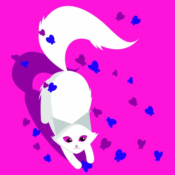 Caccia di gatto soffice bianco è giocato con le farfalle. Gatto divertente con gli occhi rosa. Farfalle multicolori. Illustrazione piatto cartone animato . — Vettoriale Stock