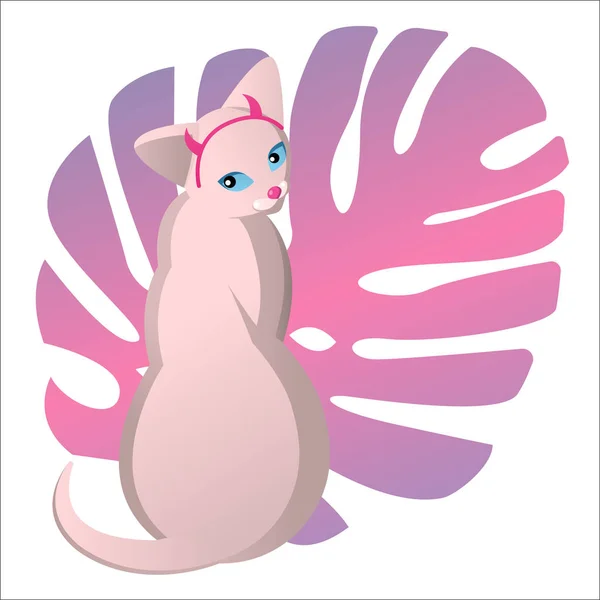 Gatto sfinge calvo in stile cartone animato Kawaii con corna. Sullo sfondo della foglia rosa della pianta di Monstera. Pianta stile neon rosa e gatto alla moda. Stile piatto del fumetto . — Vettoriale Stock