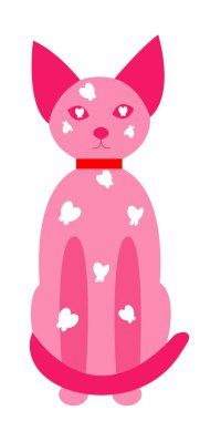 Tam uzunlukta bir kedi, oturuyor ve düzgün görünüyor. Neon tarzında asetatlı pembe kedi. Bir yaka ve kelebekler ile sevimli kawai evcil hayvan.