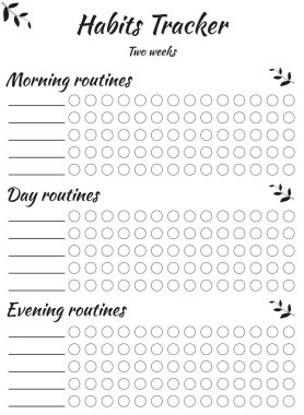 Alışkanlıkları izci üç bölüme ayrılmıştır - kullanım kolaylığı için sabah gün ve akşam. Elle ve dairelerle doldurmak için. İki haftalık kullanım için. Mod ve iyi alışkanlıklar.