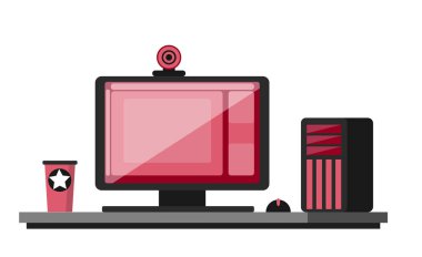 Profesyonel şık oyun ekipmanları. Masaüstü Bilgisayar, masada monitör, web kamerası. Canlı akış ve espor clipart. Düz vektör. Masaüstü kız oyuncu. Çevrimiçi eğitim.