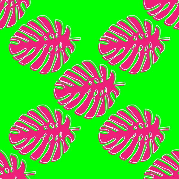Folhas cor-de-rosa do Monstera em fundo de néon verde brilhante. Padrão de plantas tropicais em cores da moda . — Vetor de Stock