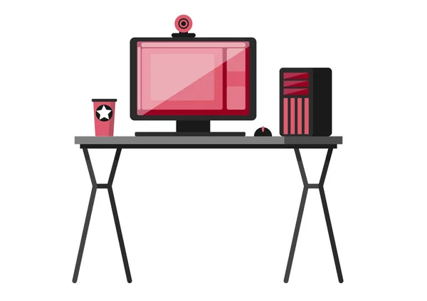 Desktop gamer. E-sports and streaming. Online work or online training. Consultations on the Internet. Girl gamer. Monitor, system unit, webcam and coffee. Workplace freelancer. — Stock Vector