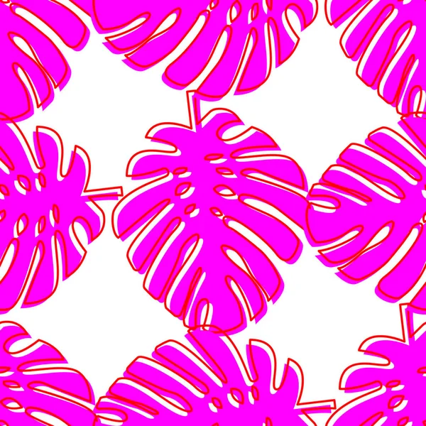 ピンクの葉モンスターとシームレスなパターン。ネオンの明るいスタイルの熱帯植物. — ストックベクタ