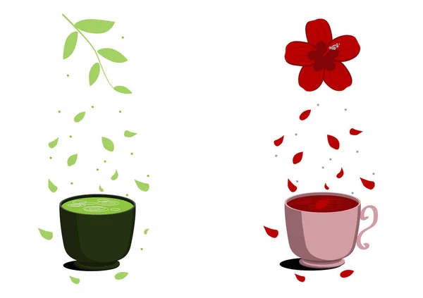 Két hasznos tea karkade és Matcha. Zöld tea egy sötét csésze és vörös tea, egy rózsaszín pohár. Környezetbarát és fitness forró italok. Virággal, levelekkel és szirmokkal a tetején. — Stock Vector