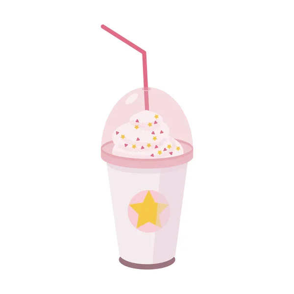 Studená letní káva ve frappuccinu. Káva se šlehačkou, slámou a práškem na cukroví. Ploché ploché v růžových barvách. — Stockový vektor