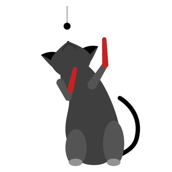 Die Katze ist mit schmerzenden Vorderpfoten behindert. eine Katze mit roter Prothese anstelle der Vorderpfoten. die Katze freut sich über das Leben und spielt mit einem Spielzeug an einer Schnur. — Stockvektor