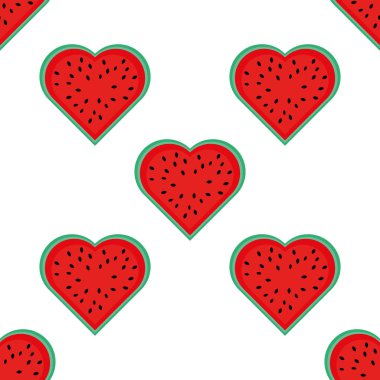 Kalp şeklinde karpuz ile dikişsiz desen. Karpuz sevgisi hakkında yaz geçmişi. Yaz hediyeleri, afişler ve festivallerin dekorasyonu için uygundur. Tatil dünya günü su miçin