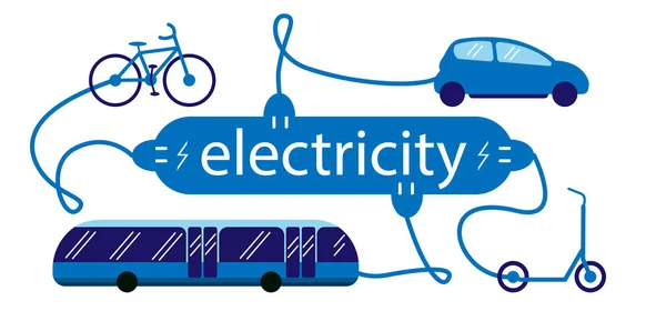 Auto elettrica di trasporto, autobus, bici e scooter e il simbolo della stazione di ricarica elettrica. I veicoli sono caricati dalla scritta elettrica. Illustrazione vettoriale . — Vettoriale Stock