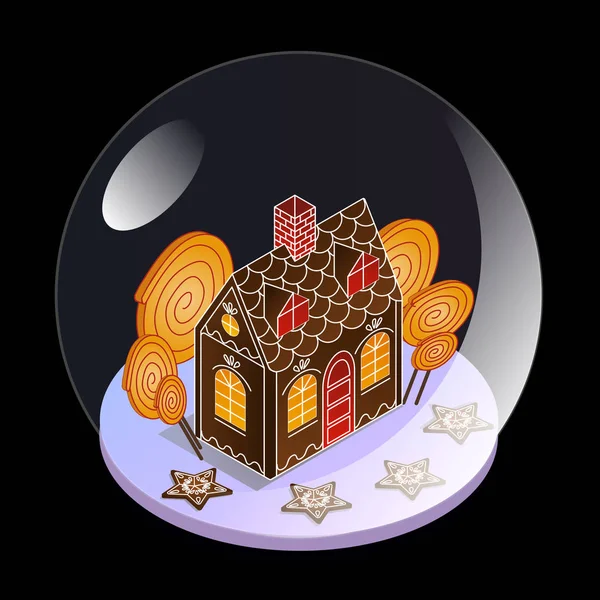 Bola de cristal de nieve en vista isométrica. Casa de jengibre con estrellas de jengibre y grandes caramelos bajo vidrio. Regalo de Navidad para niños . — Vector de stock