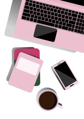 Masaüstü üst görünümü. İş için düz illüstrasyon, serbest çalışan, eğitim. Dizüstü bilgisayar, not defterleri, telefon ve kahve ile masaüstü. Ofis masası çalışanı.