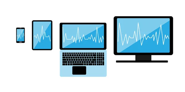 Conteúdo web multiplataforma. Dispositivos - smartphone, pastilha, computador portátil e computador de mesa com páginas web abertas em um browser e um lugar do texto. Cardiograma em todas as telas. Conteúdo multiplataforma — Vetor de Stock