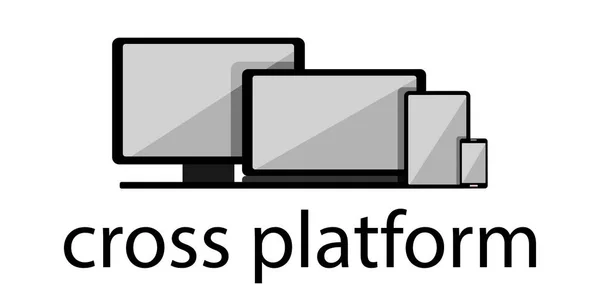 Contenuti web multipiattaforma. Dispositivi - smartphone, tablet, laptop e computer desktop con testo qui sotto. Illustrazione a vettore piatto. Contenuti multipiattaforma . — Vettoriale Stock