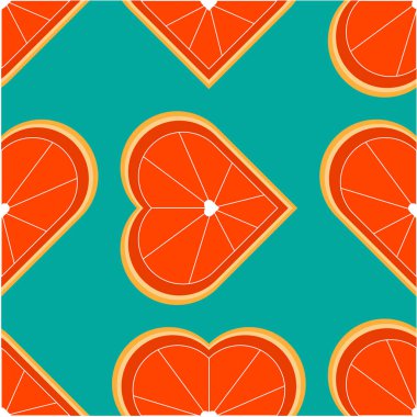 Seamless pattern with orange in the shape of a heart. Heart shaped citrus fruit cut. Suitable for paper, eco products, vegetarian cafes. vector