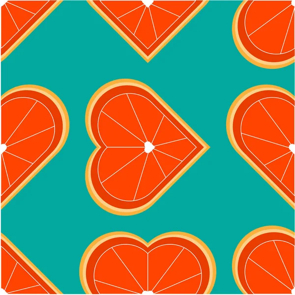 无缝图案与橙色的心脏形状。心形柑橘类水果切。适合纸张、生态产品、素食咖啡馆. — 图库矢量图片