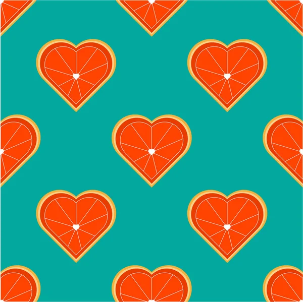 Patrón sin costuras con naranja en forma de corazón. Corte de cítricos en forma de corazón. Adecuado para papel, productos ecológicos, cafés veganos . — Vector de stock