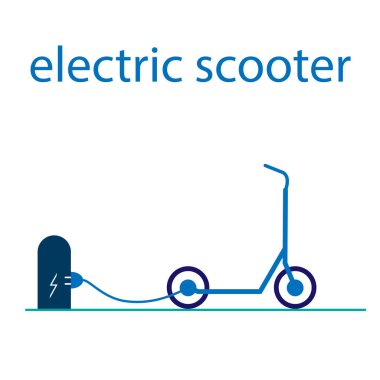 Elektrikli scooter istasyonda şarj oluyor. Vektör düz illüstrasyon metin ile. Çevre dostu scooter tel ile şarj. Scooter paylaşımı.
