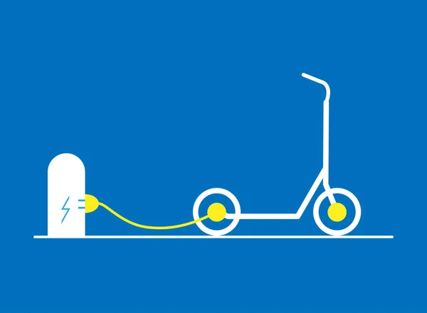 Lo scooter elettrico viene caricato alla stazione attraverso un filo. Illustrazione piatta vettoriale. Modalità di trasporto ecocompatibile. Condivisione scooter . — Vettoriale Stock