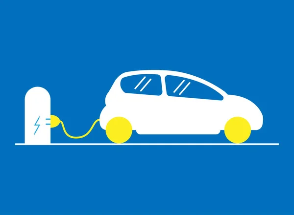 L'elettro-auto viene caricata alla stazione attraverso un filo. Illustrazione piatta vettoriale. Modalità di trasporto ecocompatibile. Condivisione auto . — Vettoriale Stock