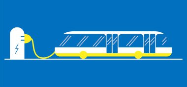 Düz bir tarzda elektrikli otobüs. Logo için uygundur. Elektrikle çalışan elektrikli toplu taşıma. Kablo ile istasyonda ücretler.