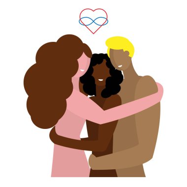 Polyamory of three people of different sexes and different nationalities. Custom love and open relationships. Embrace of three naked partners. Symbol polyamory heart and a sign of infinity. clipart