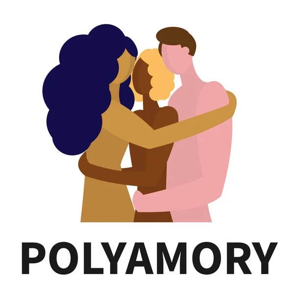 Polyamory tří lidí různých pohlaví a různých národností. Vlastní láska a otevřené vztahy. Objetí tří nahatých partnerů. Slovo polyamorní pod obrázkem. — Stockový vektor