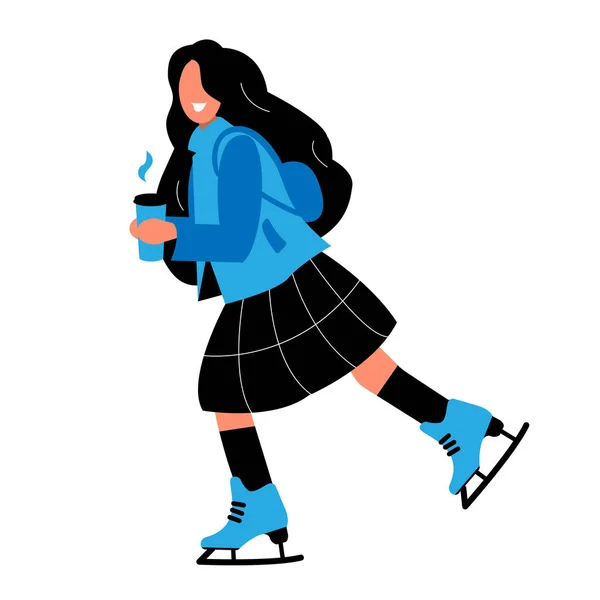 Une fille patine avec du café dans les mains. Patinoire extérieure et hiver à l'extérieur. Convient comme logo, illustration ou démonstration artistique pour toutes les patinoires. Une femme en bleu passe un bon moment — Image vectorielle
