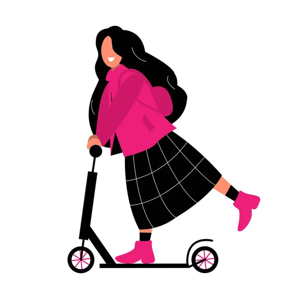 La fille fait le tour de la ville en scooter électrique. Scooter partage dans la ville est disponible pour tout le monde. Transport à la mode pour les étudiants. Femme en veste rose et jupe noire . — Image vectorielle