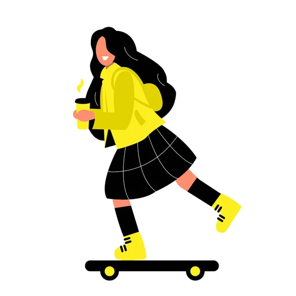 Fille monte sur une planche à roulettes avec une tasse de café à la main. Sport abordable pour la ville. Une femme est vêtue chaleureusement d'un manteau jaune et d'une jupe noire. Étudiante et sport dans la ville . — Image vectorielle