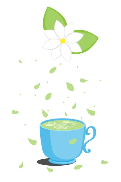 Jasmintee mit einer Jasminblüte darüber und fallenden Blättern. Illustration für Menü-, Barkarten- oder Café-Design. Blaue Tasse und Kräutertee. — Stockvektor