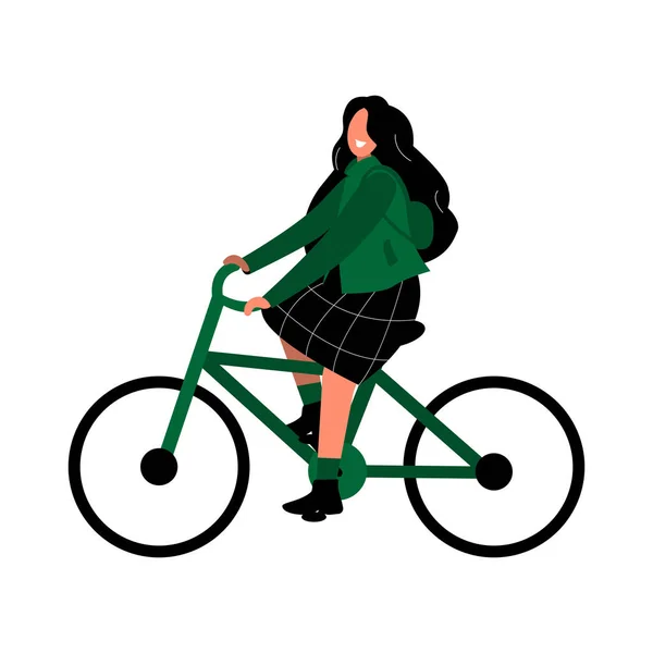 Une fille fait du vélo. Transport respectueux de l'environnement et partage de vélos. Une femme vêtue d'une veste verte et d'une jupe fait du vélo électrique . — Image vectorielle
