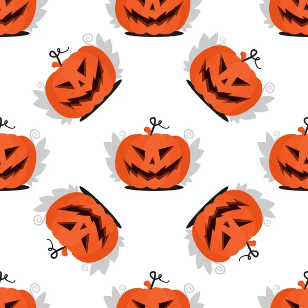 Modèle sans couture Jack tête de citrouille avec effrayant visage halloween avec des feuilles. Illustration plate pour la fête de la Toussaint pour le papier, la décoration en tissu ou le design d'invitation . — Image vectorielle