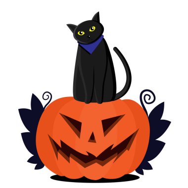 Balkabağı kafalı Jack ve üstünde siyah bir kedi oturuyor. Balkabağının kenarlarında yapraklar. Flat Halloween illüstrasyonu.