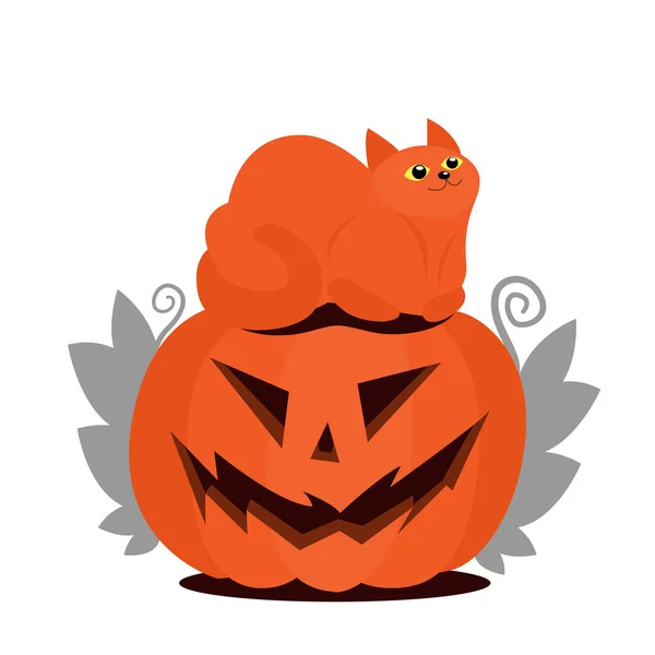 Jack pompoen hoofd en oranje kat zitten er bovenop. Bladeren aan de zijkanten van een pompoen. Platte Halloween illustratie. — Stockvector