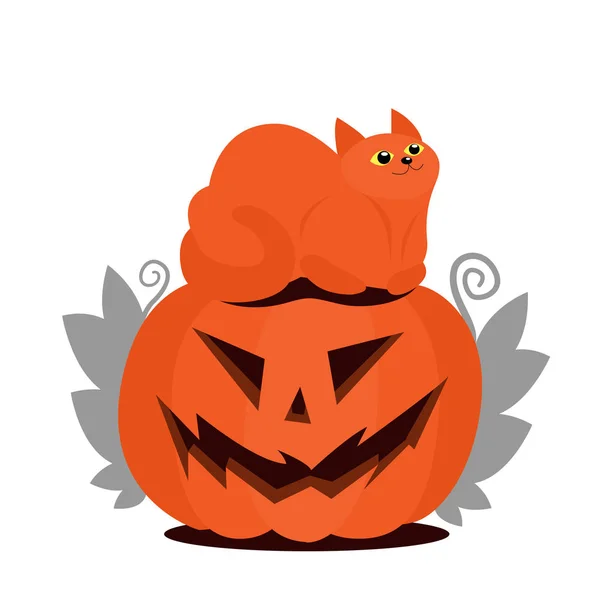 Jack testa di zucca e gatto arancione seduto sopra. Foglie ai lati di una zucca. Illustrazione di Halloween piatto . — Vettoriale Stock