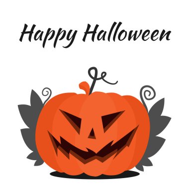 Cadılar Bayramı Jack Balkabağı Kafa. Renkli balkabağı, uğursuz bir gülümseme, yapraklarla ve mesajla Mutlu Cadılar Bayramı.