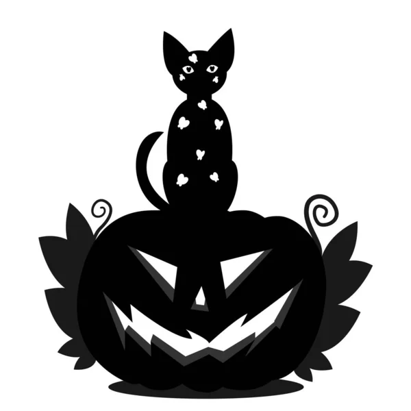 Halloween pumpkin head Jack and a cat sitting on his head. A silhouette of a pumpkin with an ominous smile, with leaves and a black cat with white butterflies. — Stock Vector