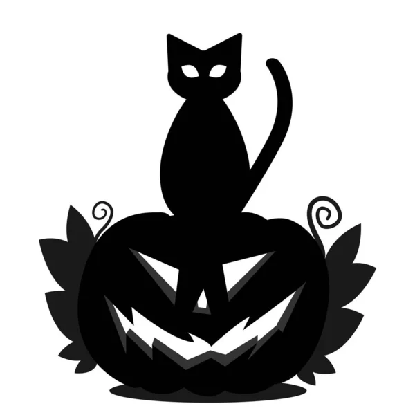 Tête de citrouille d'Halloween Jack et un chat assis sur sa tête. Silhouette d'une citrouille au sourire sinistre, aux feuilles et au chat noir . — Image vectorielle