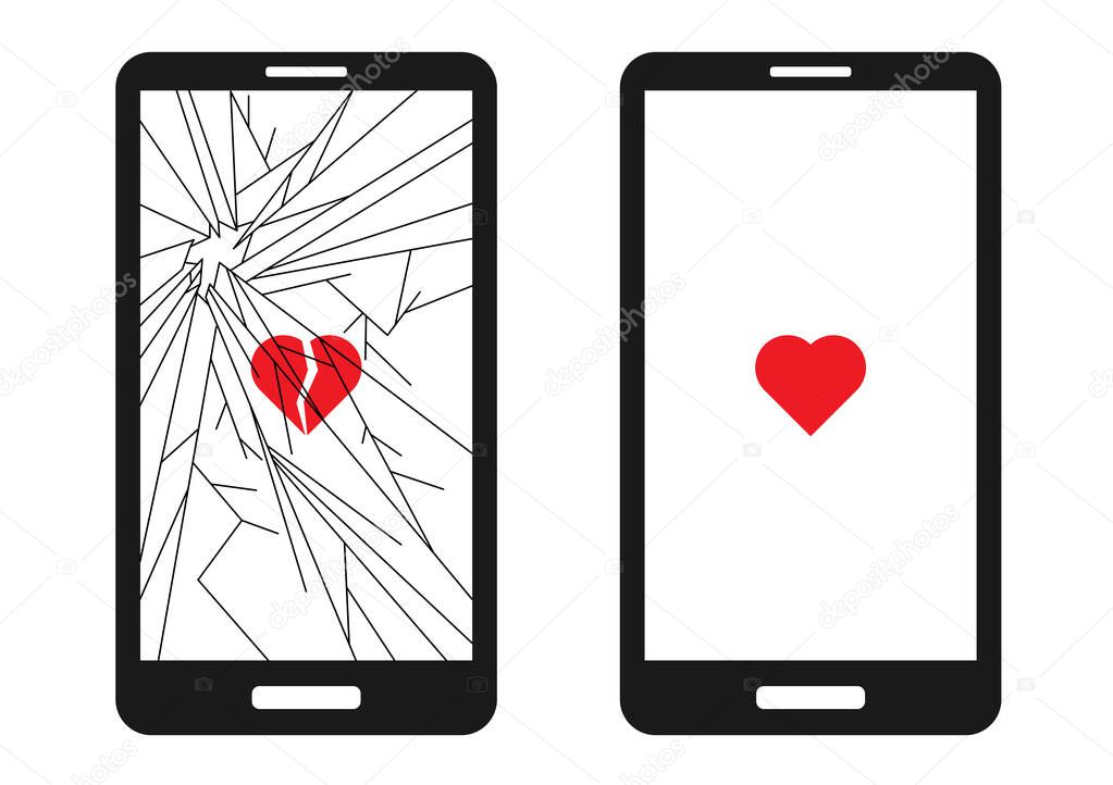 Broken smart phone with cracks all over the screen and a broken red heart. And a whole phone with a whole heart. Suitable for phone repair services.